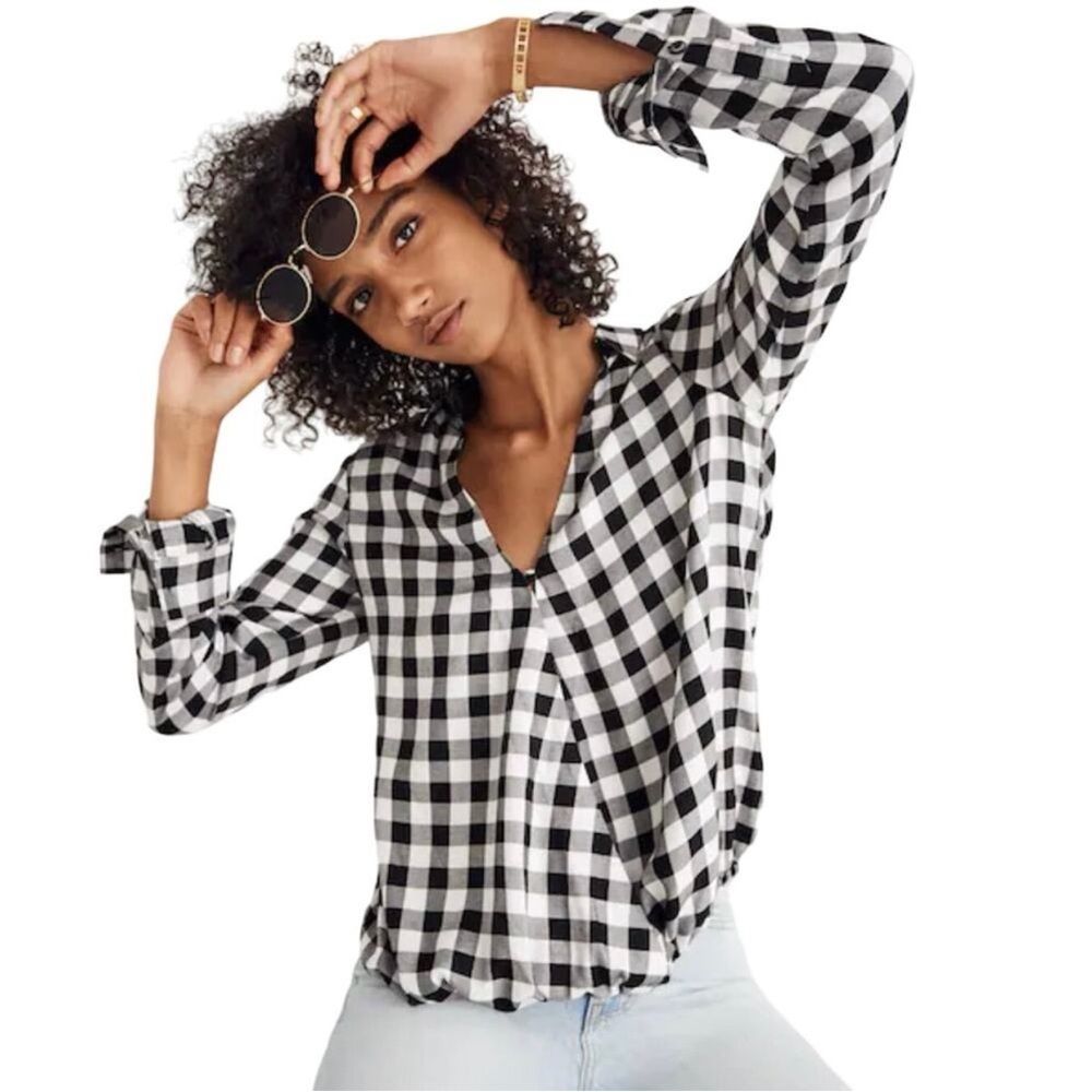 Madewell Wrap-Front Shirt in Buffalo Check Black White Plaid Blouse Top Soft
